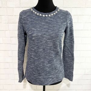 J.Crew Blue Marled Long Sleeve Opalescent Rhinestone Neckline Sweatshirt Sweater